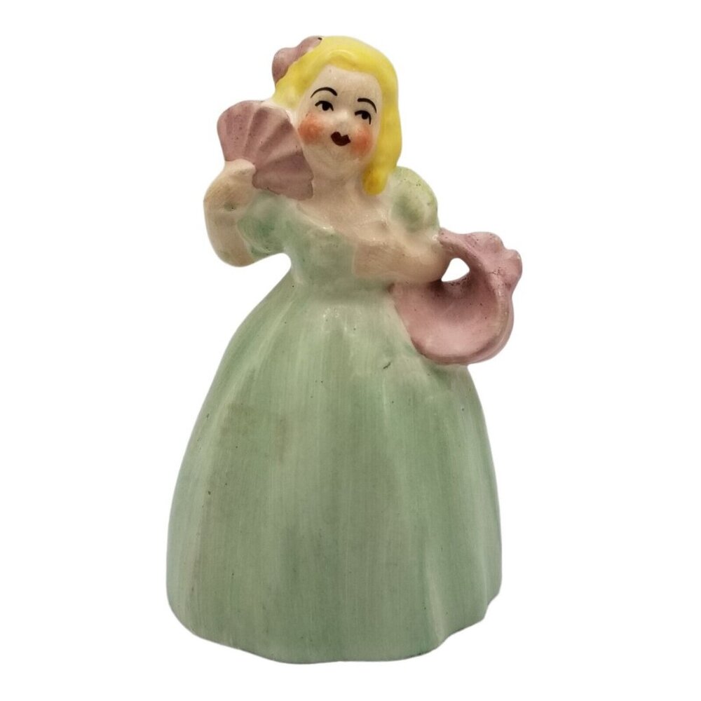 Vintage Figurine Woman Green Dress Pink Basket Fan F & D Ceramic Figure Lady